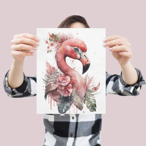 Watercolor Floral Flamingo Portrait Wall Art Illustration Print Poster Unframed - Picture 4 of 6
